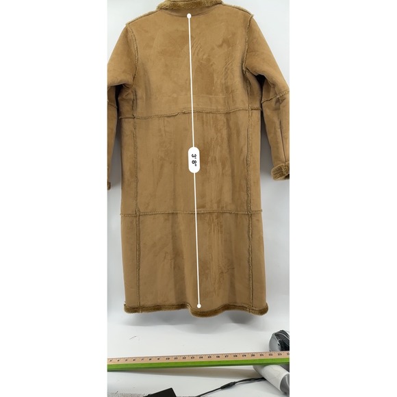 Centigrade Womens Petite Medium Camel Brown Faux Suede Fur Trim Long Trench Coat - Picture 5 of 10